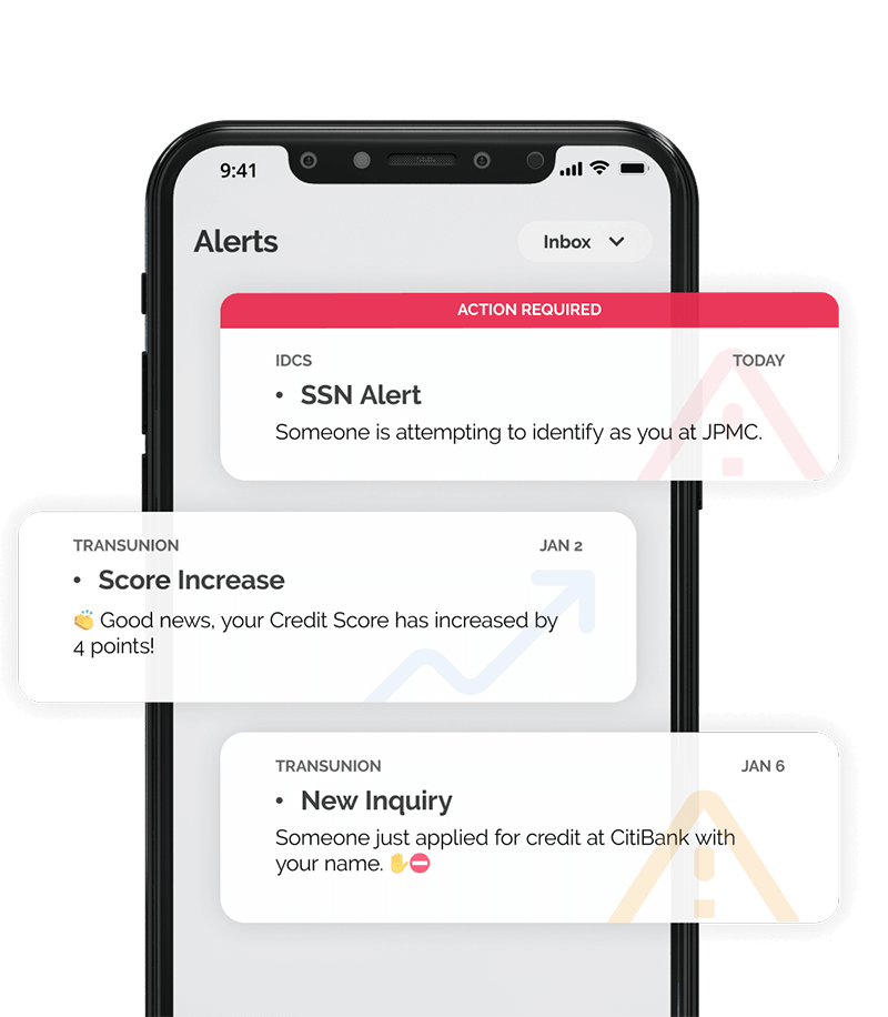 Phone showing IdentityIQ app with identity theft and credit score alerts popping out